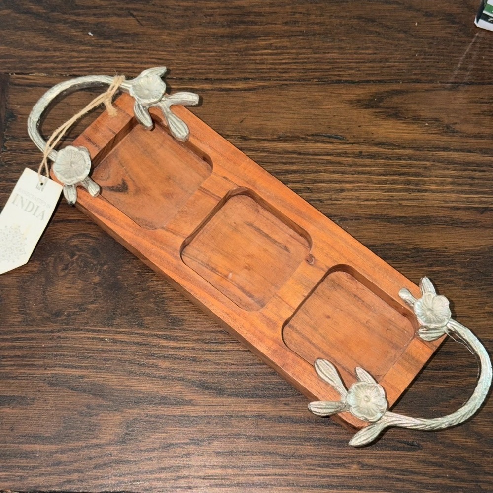 Handcrafted Wood Divided Serving Tray with Floral Metal Handles Made in India